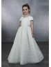 Short Sleeves Pearl Neck Ivory Satin Floral Lace Flower Girl Dress